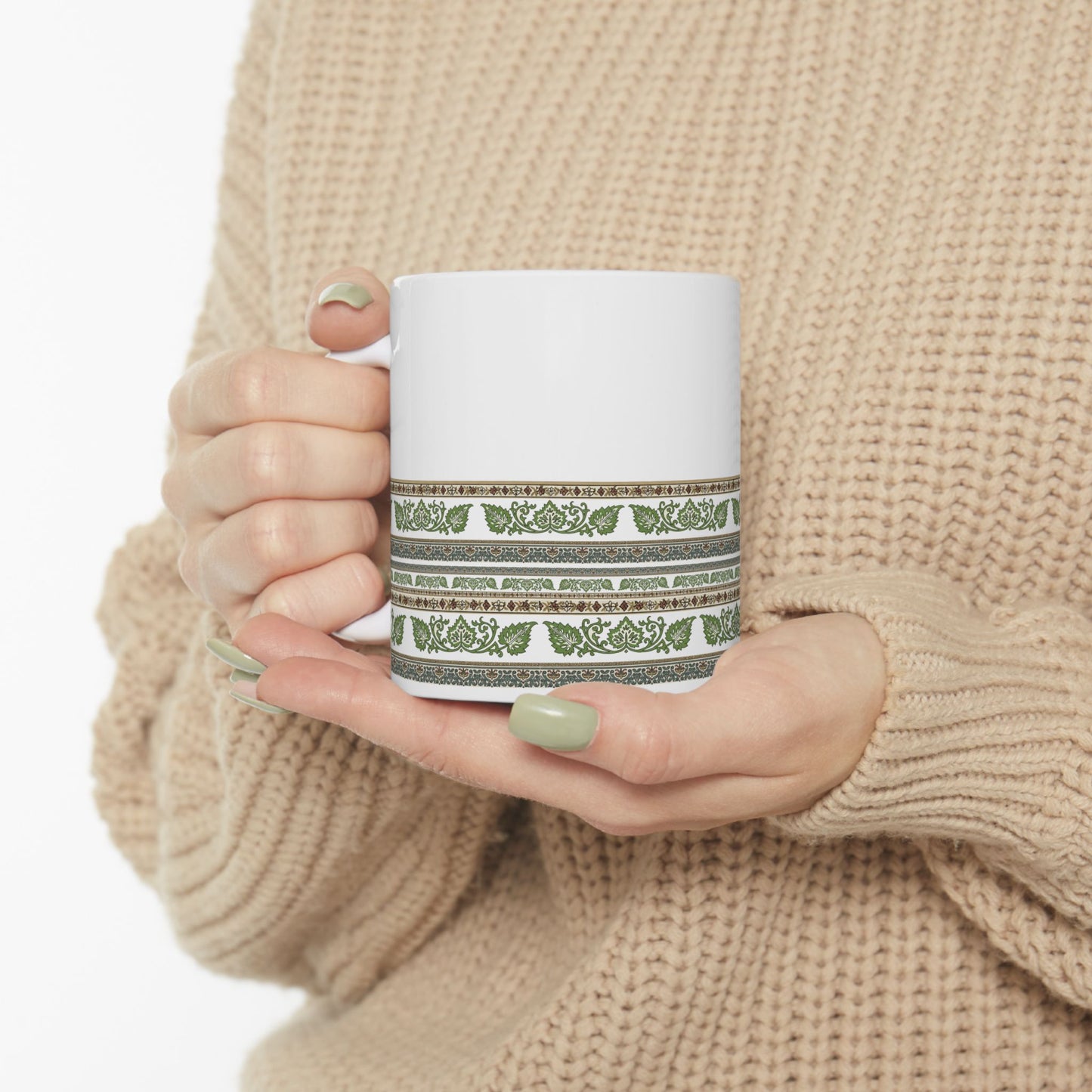 Mug - Indian Block Print Inspired Green Leaf Pattern Design